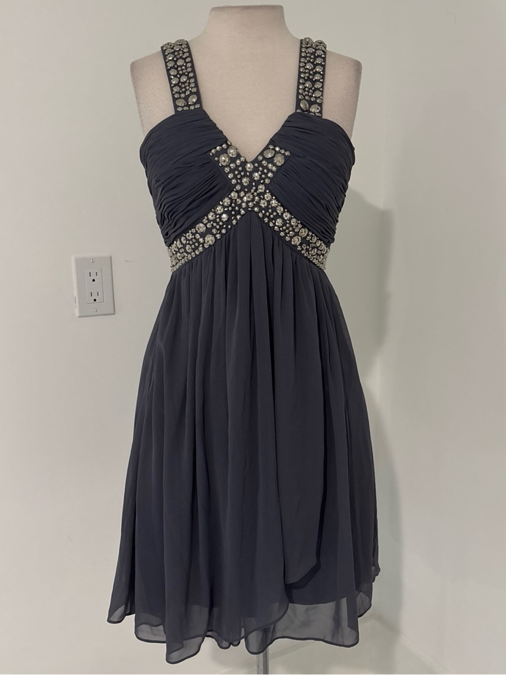 Mary L Couture Navy Chiffon Dress with Crystal Embellishments #248